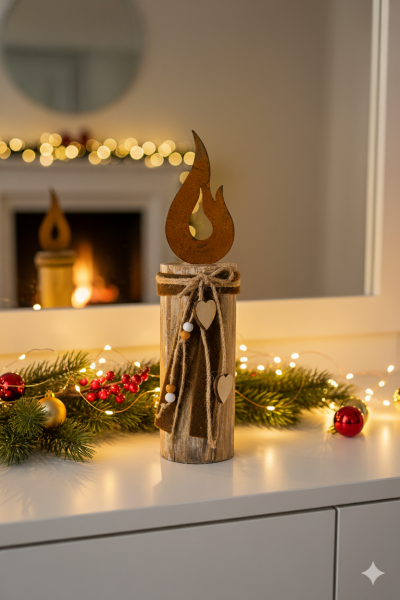 Deko Kerze Holzpfahl mit Rost Flamme bestellen